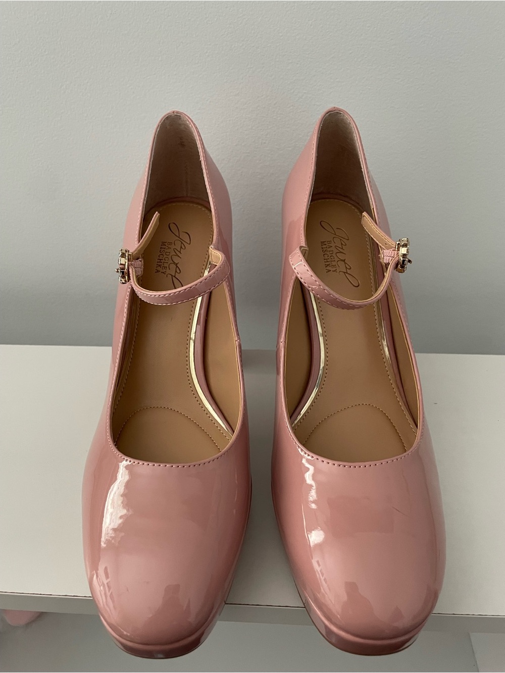 BADGLEY MISCHKA Jewel Blush Pink Patent Mary Jane Pumps Rhinestone buckle - 9 - Picture 8 of 9